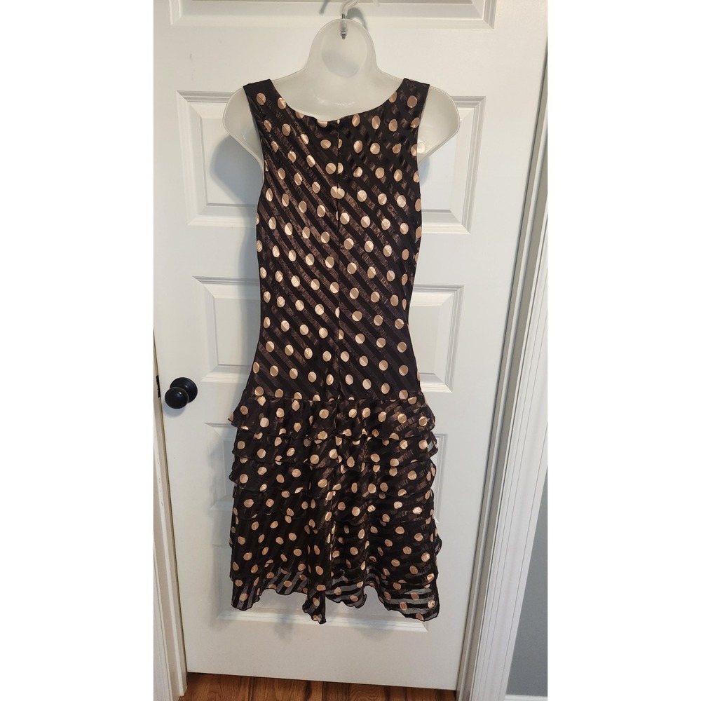 Vtg Joseph Ribkoff Size 8 Brown Polka Dot Sheath Dress Tiered Ruffles Cowl Neck - Picture 7 of 11
